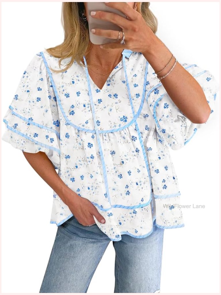 Women's Floral Babydoll Top V Neck Lantern Sleeve Blouse Loose Fit Flowy Shirt